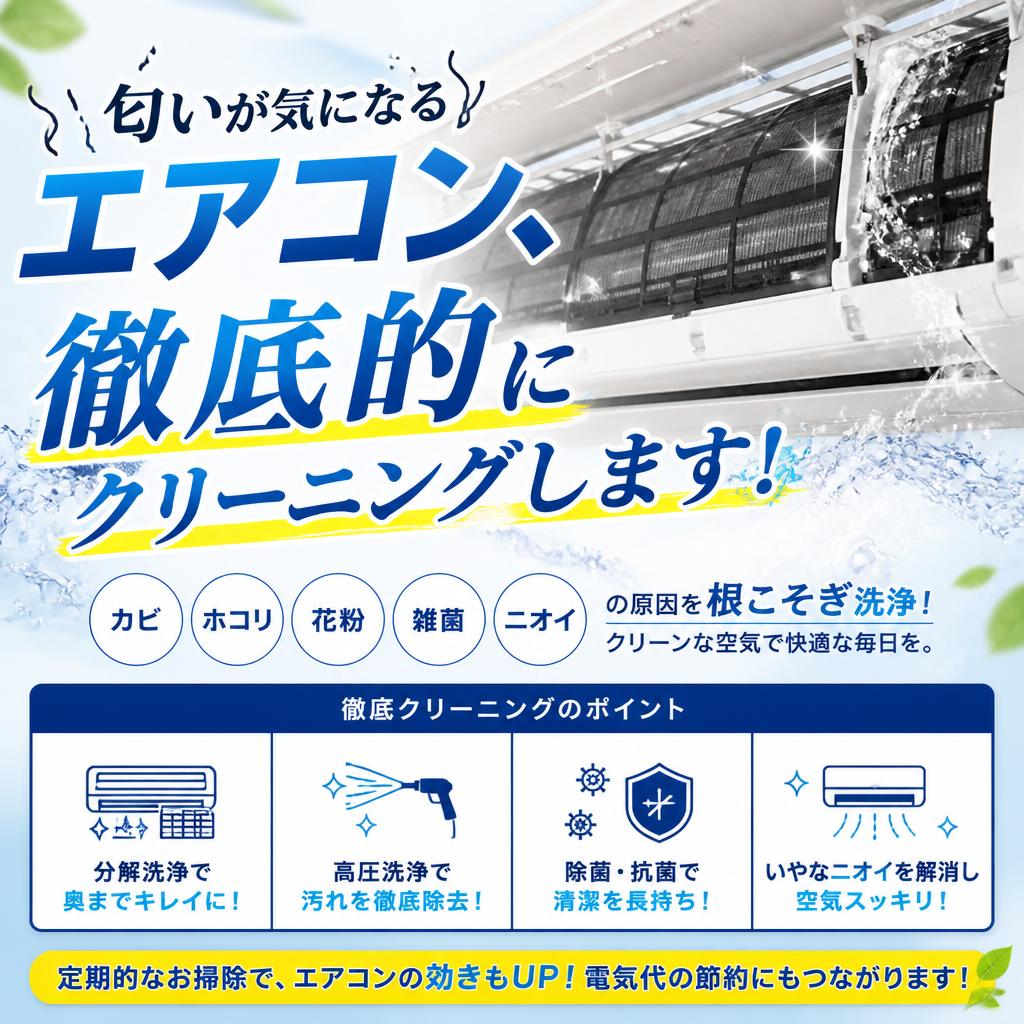匂いが気になるエアコン、徹底的にクリーニングします！